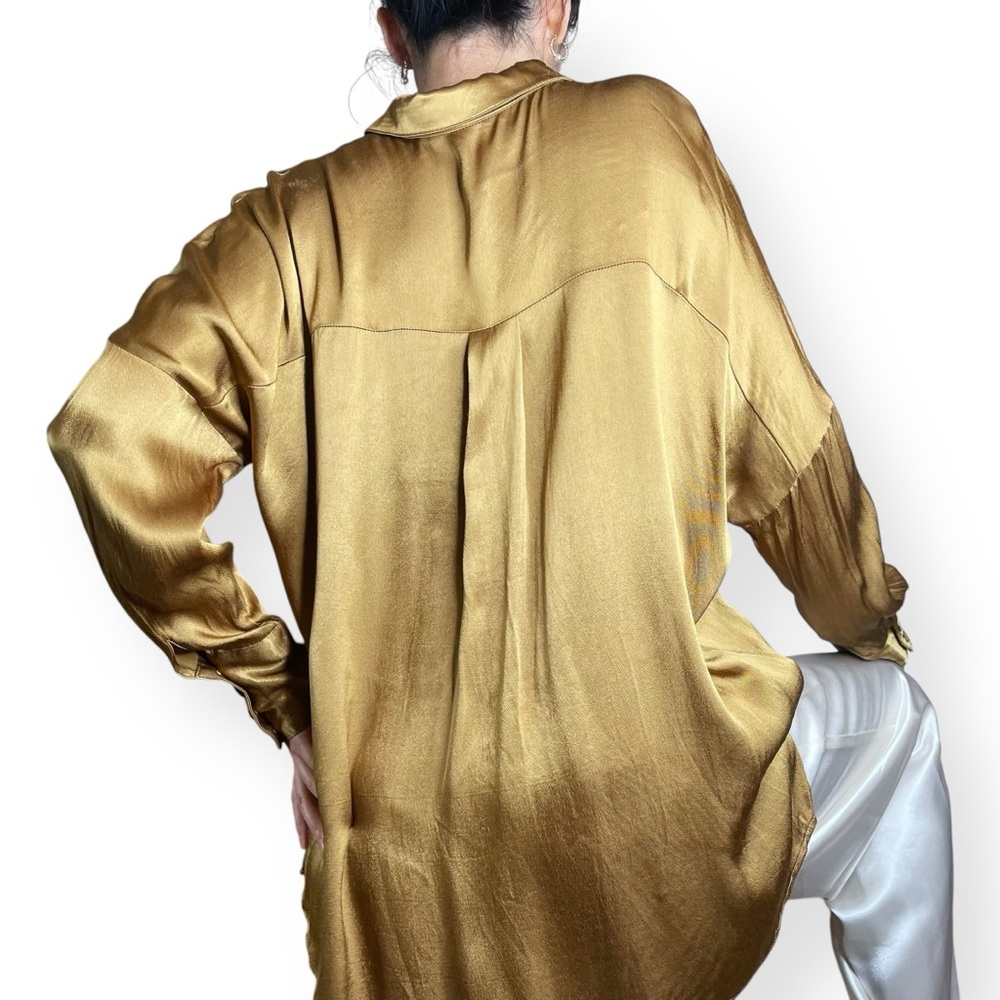 DISSH Simone Pearl Satin Shirt in Golden Olive Chartreuse Size 6 - Picture 9 of 16